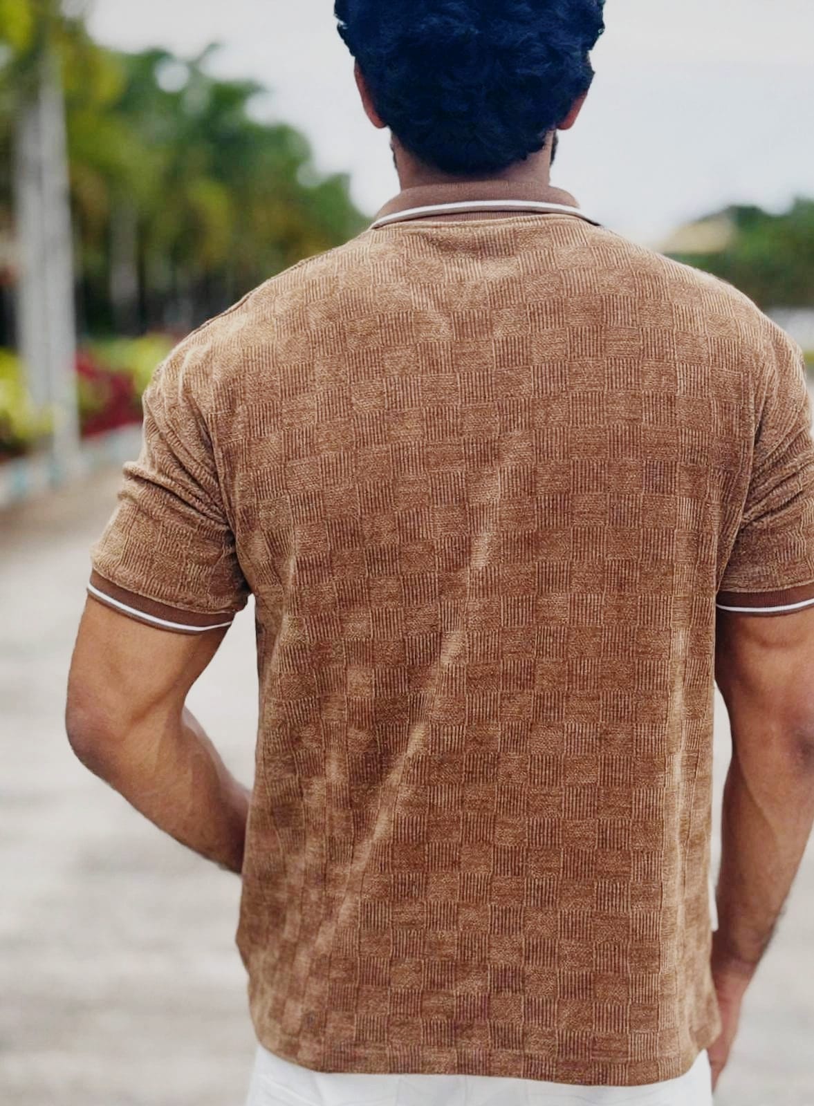 Brown Textured Zip-Up PoloEmbroidery Tshirt