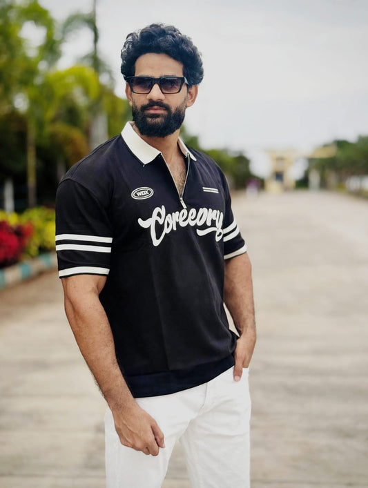 Coreecory Black Half-Zip Polo T-Shirt