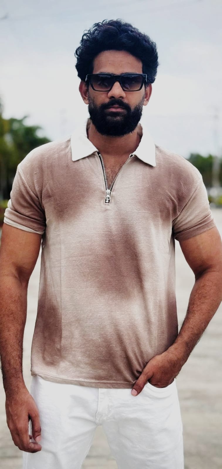 Ombre Textured Zip Polo T-Shirt