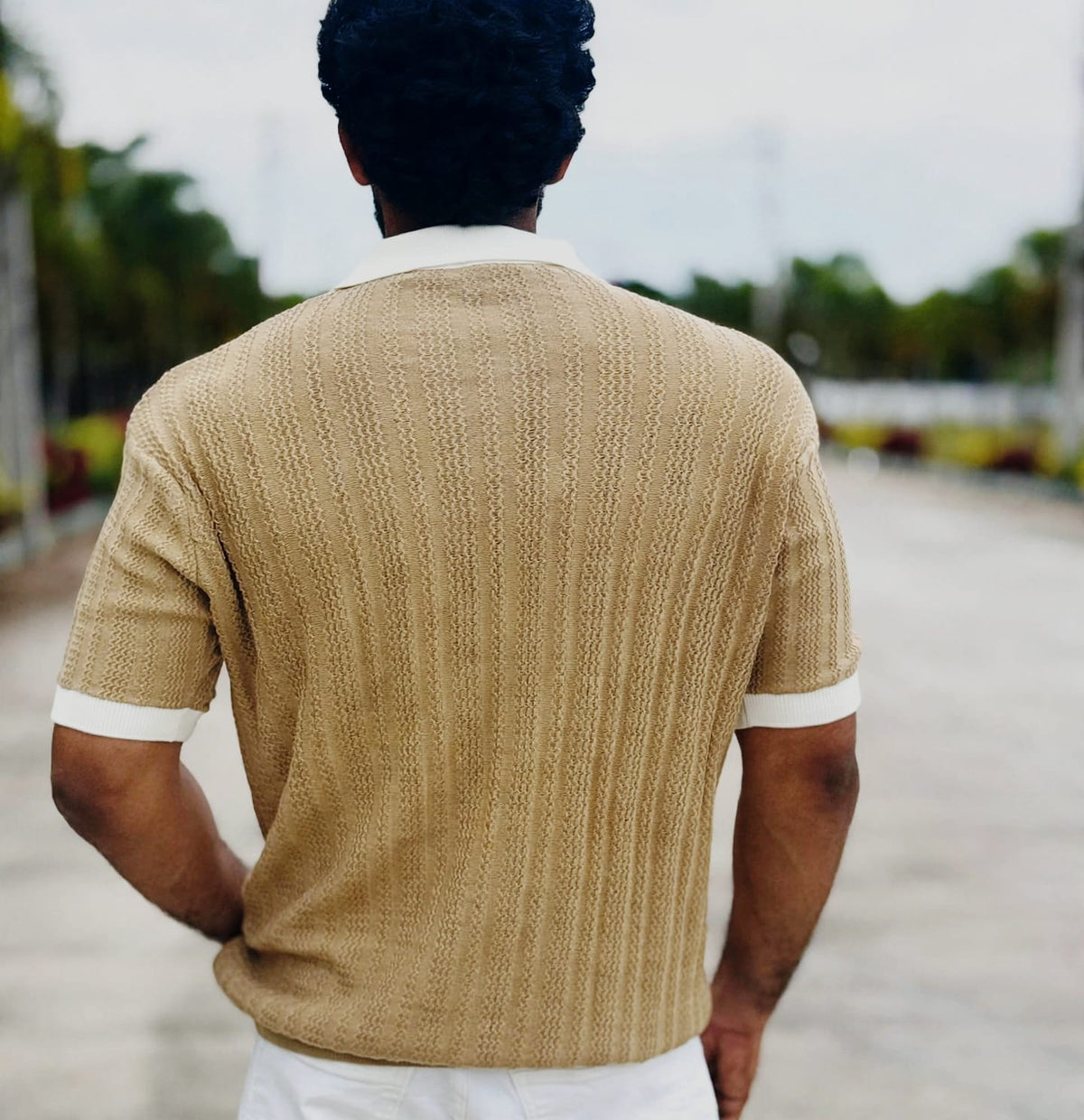 Beige White Collar Knit Polo