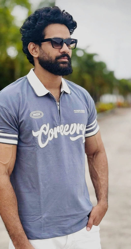 Coreecory Contrast Collar Half-Sleeve Polo TShirt