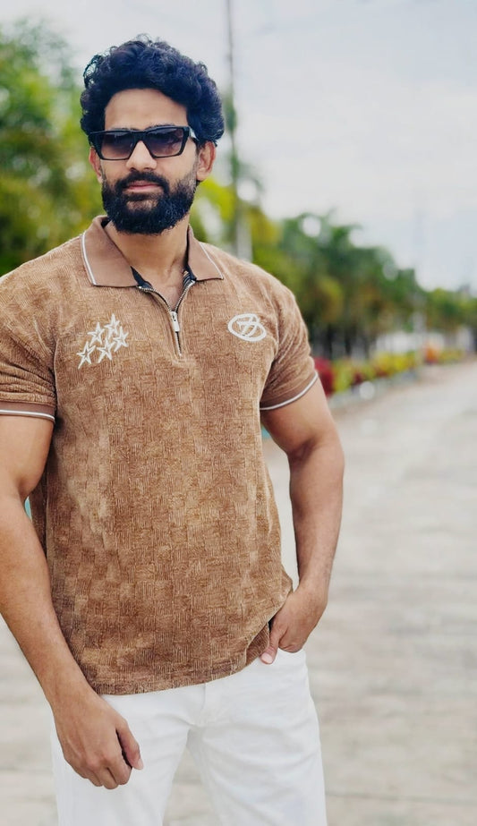 Brown Textured Zip-Up PoloEmbroidery Tshirt