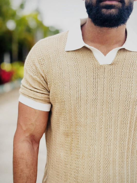 Beige White Collar Knit Polo