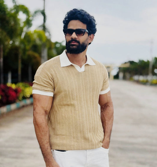 Beige White Collar Knit Polo