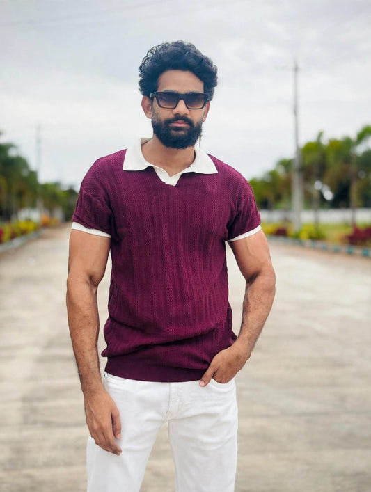 Maroon & White Knit Polo
