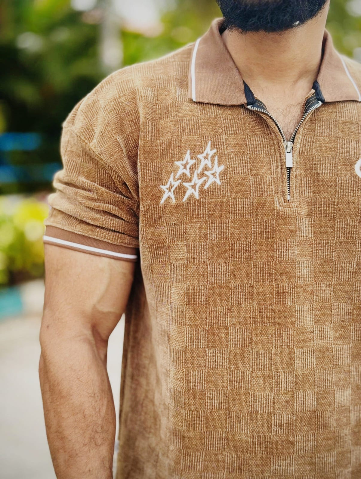 Brown Textured Zip-Up PoloEmbroidery Tshirt