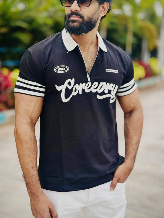 Coreecory Black Half-Zip Polo T-Shirt