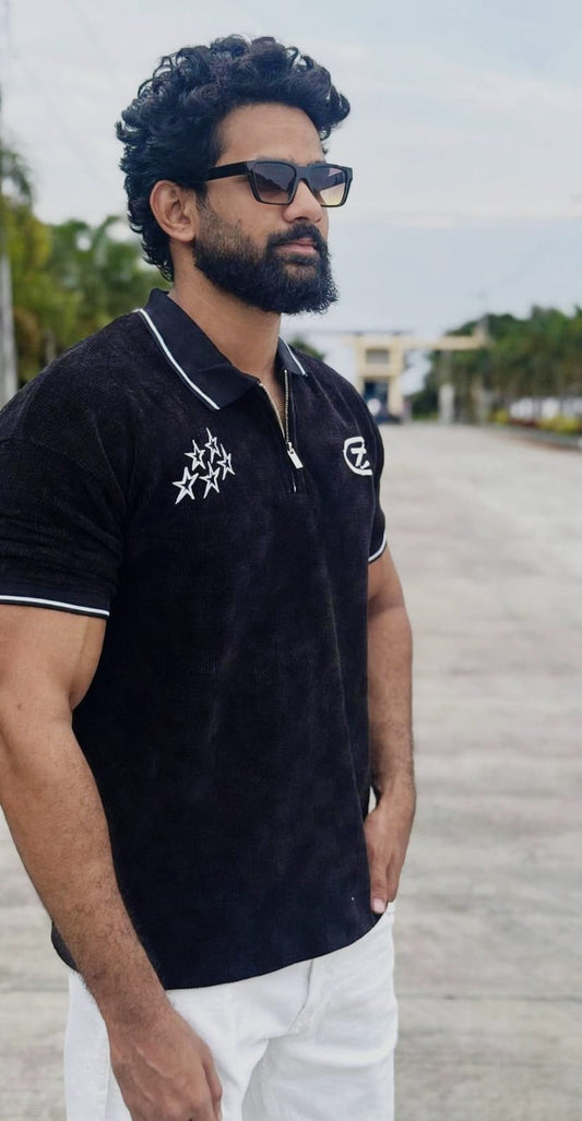 Men's Black Half-Zip Embroidered Polo